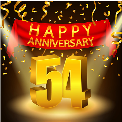 Vector Illustration Of Happy 54th Anniversary celebration with golden confetti and spotlight