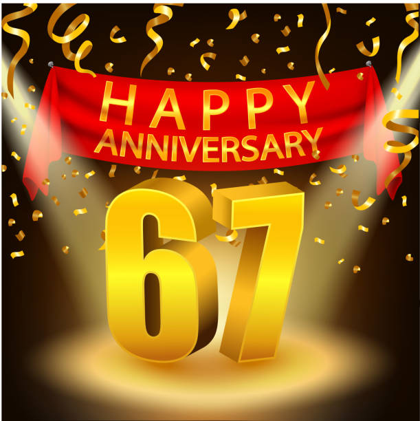 Happy 67th Anniversary celebration with golden confetti and spotlight Vector Illustration Of Happy 67th Anniversary celebration with golden confetti and spotlight accent nails stock illustrations