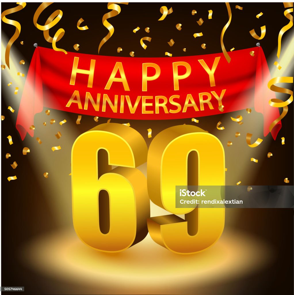 Feliz celebración de aniversario dorado 69th con confeti y novedades - arte vectorial de 65-69 años libre de derechos