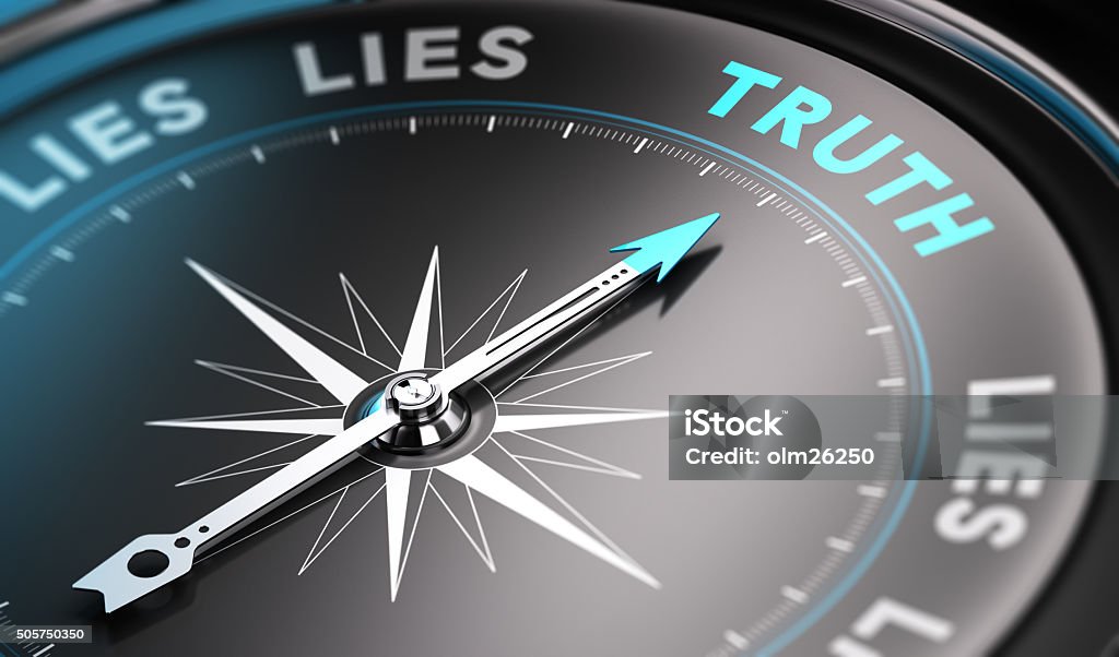 Truth Black compass with needle pointing the word truth. Blue tones. Background image for illustration of solutions concept Honesty Stock Photo