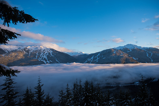 Dual Mountain views of Whistler and Blackcomb Mountains with valley fog