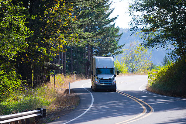 istock Modern semi truck on winding sunny highway with autumn trees 505751408