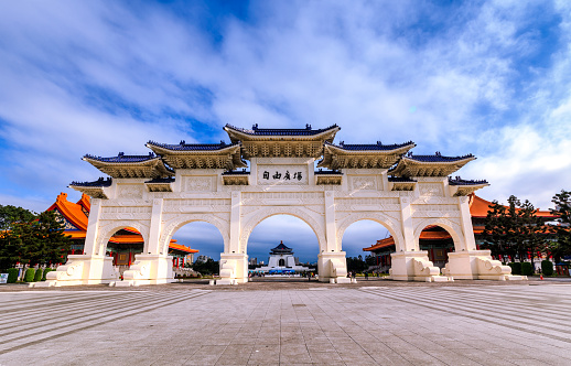 The Chinese archways are located on Liberty Square (自由廣場 as written on the arches). Famous Chiang Kai-Shek Memorial Hall viewable in the middle of the arches. Liberty Square, Taipei, Taiwan.