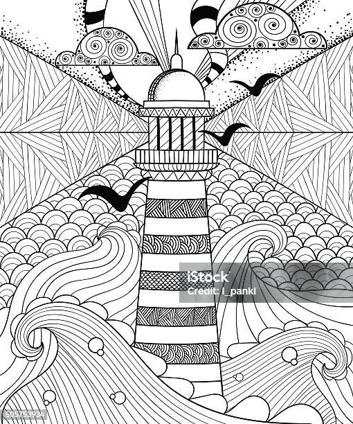 Hand Drawn Artistically Ethnic Ornamental Patterned Lighthouse W Stock Illustration - Download Image Now