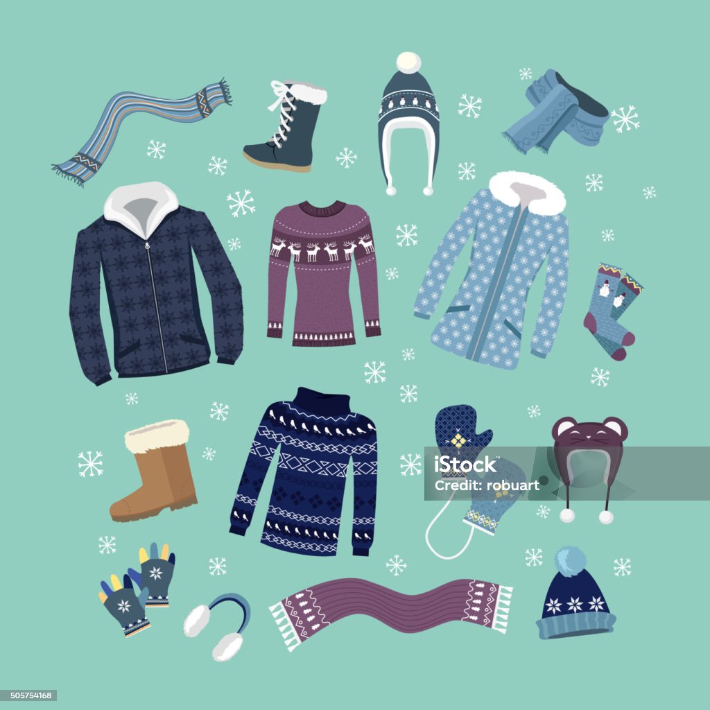 Ensemble de vêtements d'hiver chauds Design - clipart vectoriel de Manteau et blouson d'hiver libre de droits