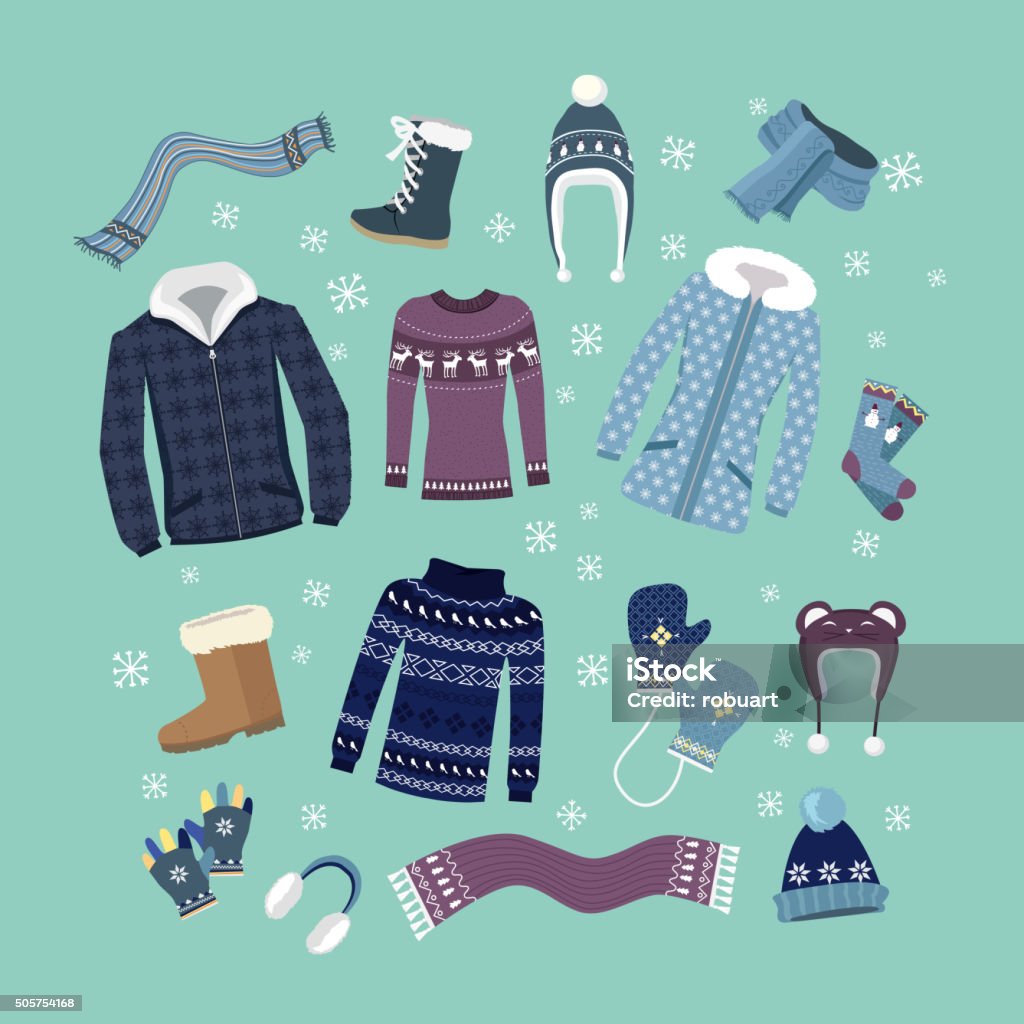 Set of Warm Winter Clothes Design Set of warm winter clothes design. Scarf and winter fashion, winter hat, winter coat, cloth and hat, jacket and glove, coat and boot, outerwear seasonal illustration Winter Coat stock vector