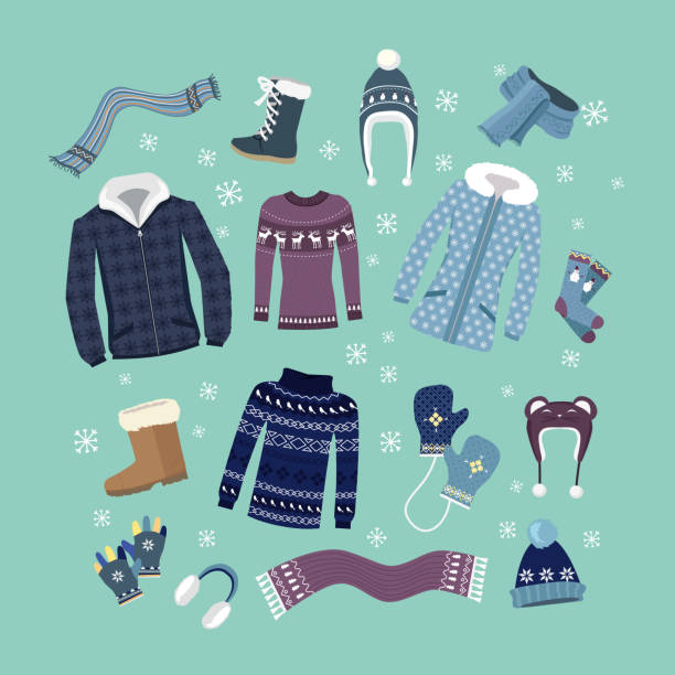 Set of Warm Winter Clothes Design Set of warm winter clothes design. Scarf and winter fashion, winter hat, winter coat, cloth and hat, jacket and glove, coat and boot, outerwear seasonal illustration winter coat stock illustrations