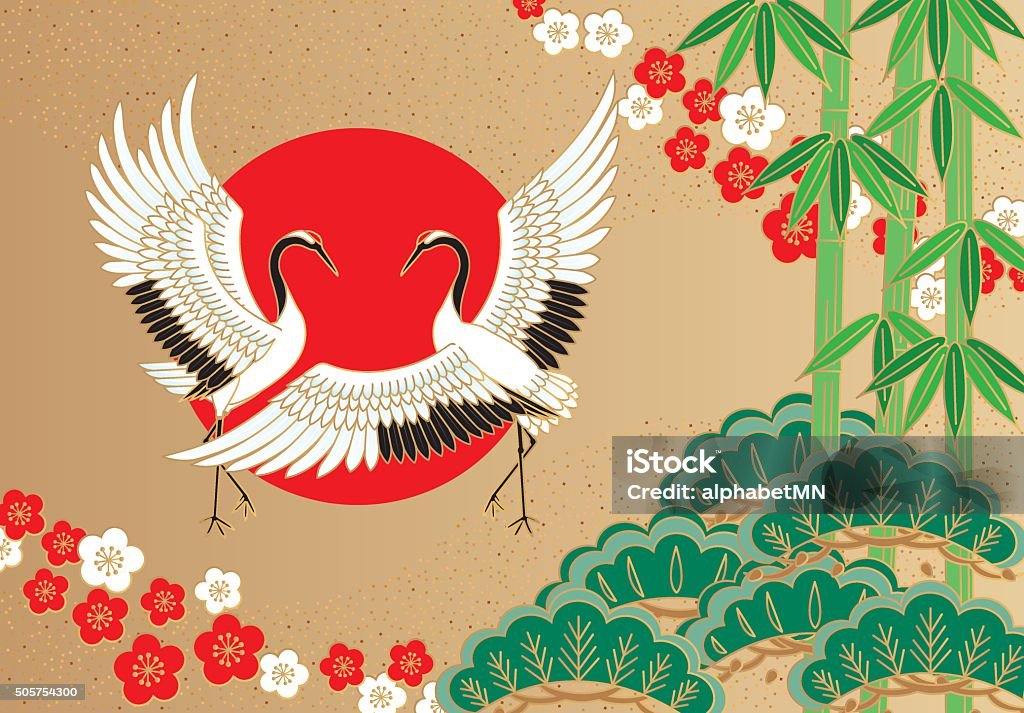 Cranes and pine bamboo plum, auspicious picture of Japan Crane - Bird stock vector