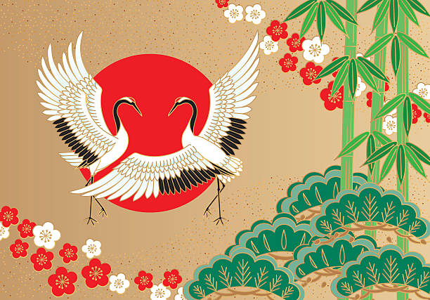 Cranes and pine bamboo plum, auspicious picture of Japan Cranes and pine bamboo plum, auspicious picture of Japan eurasian crane stock illustrations