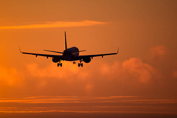 Airplane landing at sunset