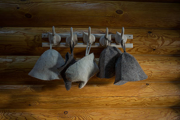 istock Hats for sauna and bath hanging on the hanger 505754698