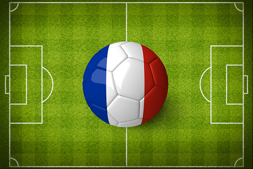 France flag on a soccer field center, top view