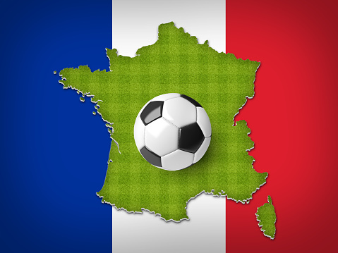 A soccer ball on a France map with a France flag on a top view of green stripped soccer field.