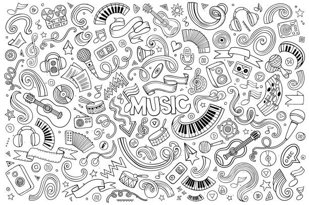 stockillustraties, clipart, cartoons en iconen met sketchy vector hand drawn doodles cartoon set of music objects - toetsenist