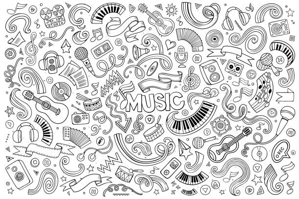 Sketchy vector hand drawn doodles cartoon set of Music objects vector art illustration