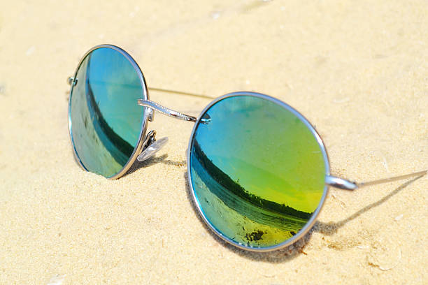istock Mirrored sunglasses on sand with a reflection of the beach 505769471