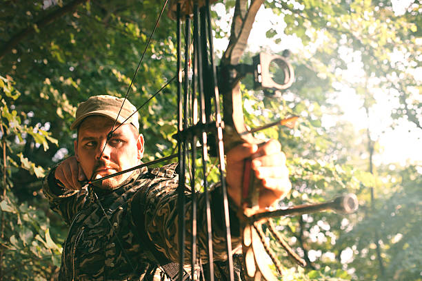 perfil de bowman com arco e flecha. - target standing concepts focus - fotografias e filmes do acervo