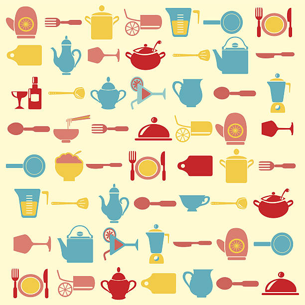 조리 기구 패턴-일러스트 - tea cup coffee cup teapot domestic kitchen stock illustrations