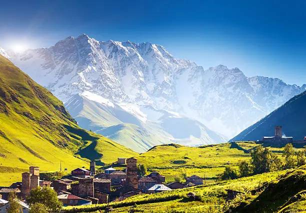 Ushguli that consists of four small villages located at the foot of Mt. Shkhara and Enguri gorge. Upper Svaneti, Georgia, Europe. Caucasus mountains. Beauty world.