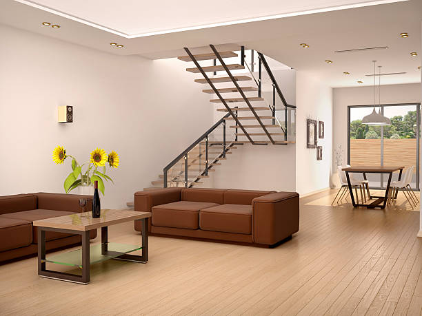 istock 3d illustration of Stylish house interior with staircase 505773476
