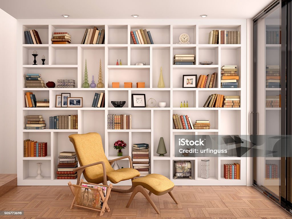 illustration of white shelves for decoration 3d illustration of white shelves for decoration and a library in the interior Bookshelf Stock Photo