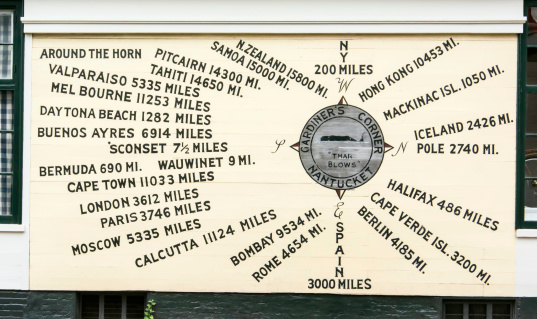 Street sign in Nantucket, Massachusetts, USA (a summer colony and tourist destination), with distances to various destinations around the world