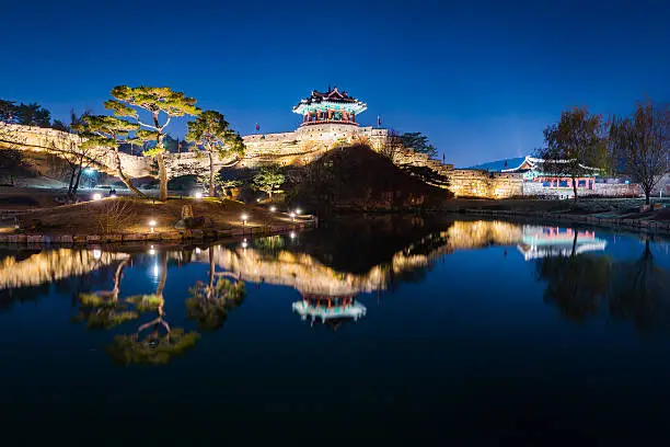 Hwaseong Fortress, Traditional Architecture of Korea in Suwon at Night, South Korea