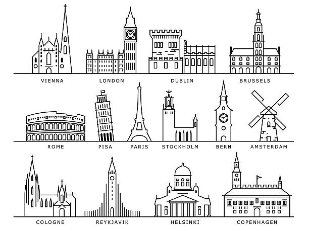 ilustrações de stock, clip art, desenhos animados e ícones de 14 cidades europeias, vetor de estilo linear de referências - brussels
