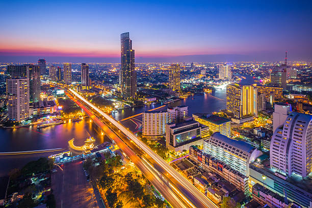 방콕 시내 전망, 태국발 위의. - bangkok night thailand traffic 뉴스 사진 이미지