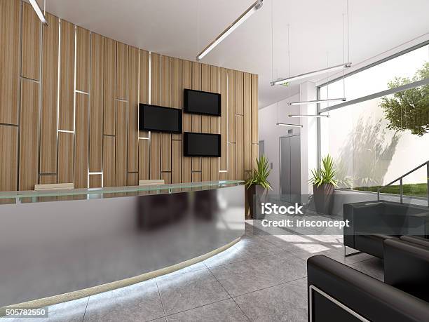 3 D レンダリングのインテリアデザインはオフィス Recepcion - オフィスのストックフォトや画像を多数ご用意 - オフィス, ロビー, 建物入口