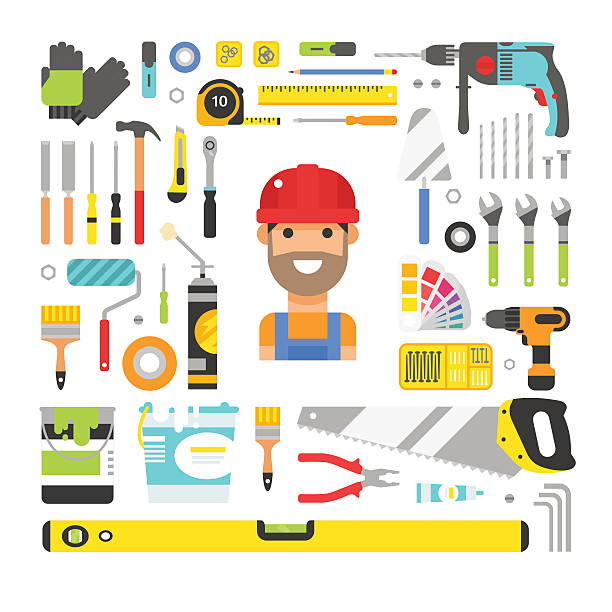 Construction equipment tools flat icons set Construction equipment tools flat icons set. Flat style vector illustrations under construction. Tools like hammer, drill, ruler, repair and saw vector objects white background level hand tool white stock illustrations