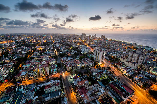 Aerial view of Havana (Habana) with a coast ocean in the evening time