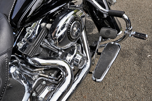 Brussels Belgium - May 01, 2015: Custom Harley Davidson motorcycle engine with  Harley logos. Harley Davidson motorcycles continue to be the most popular and coveted motorcycles for customizing throughout the world.