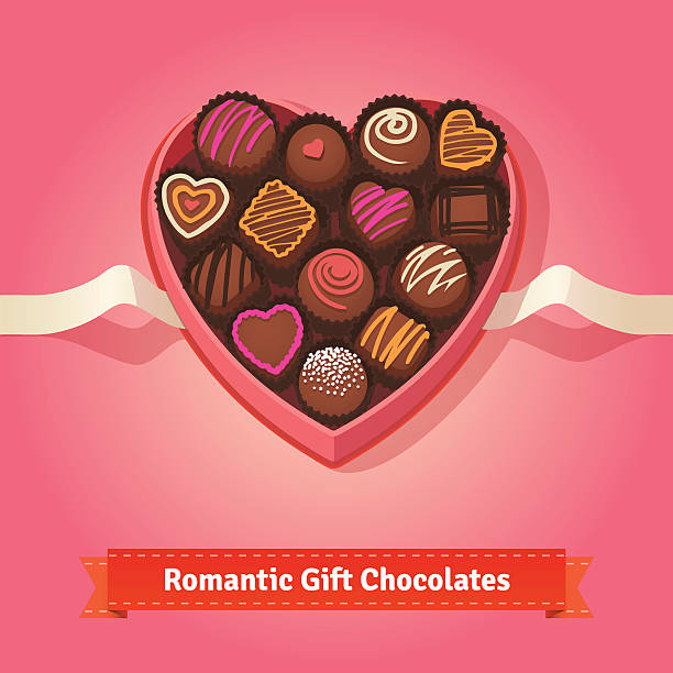 Valentine's day, birthday chocolates in box Valentine's day, birthday chocolates in heart shaped box on red background.  Flat style illustration or icon. EPS 10 vector. heart shape valentines day chocolate candy food stock illustrations