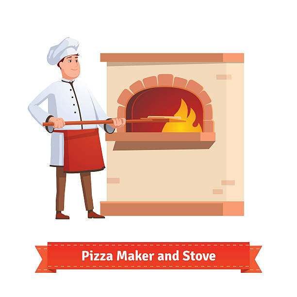 ilustrações, clipart, desenhos animados e ícones de chef cozinhar colocando pizza em forno de pedra de tijolos - pizza pastry crust oven meat