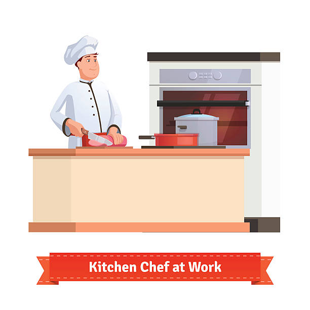 Chef cook slicing meat with a knife at the table Chef cook slicing meat with a knife at the kitchen table with some pot and pan. Flat style illustration or icon. EPS 10 vector. serrano chili pepper stock illustrations