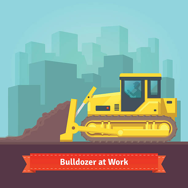 ilustraciones, imágenes clip art, dibujos animados e iconos de stock de tractor excavator nivelación de tierra - earth mover bulldozer construction equipment digging