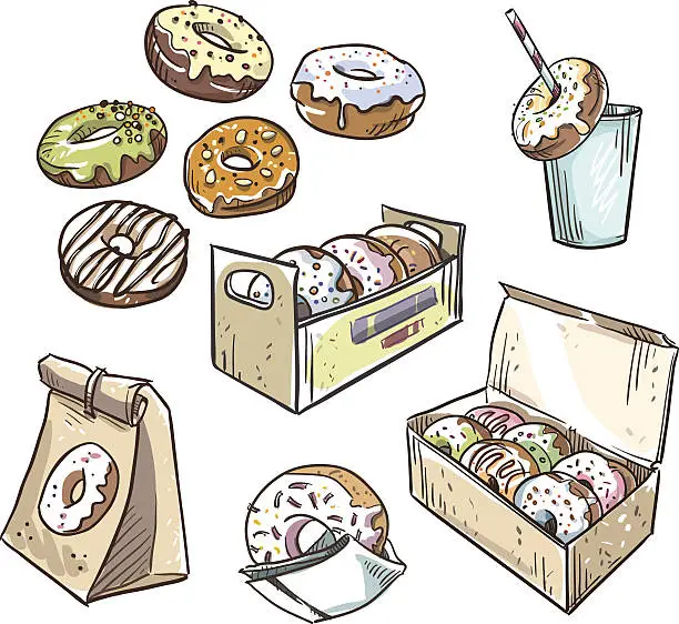 Vector illustration of selection of donuts.  takeaway packaging. Fast food.
