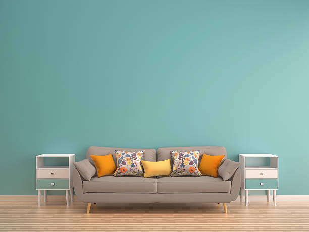 istock green mint wall with sofa & sideboard on wood floor 505804628