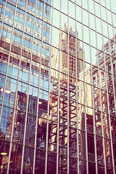 istock Retro stylized buildings reflection in windows, Manhattan, NYC, 505805524