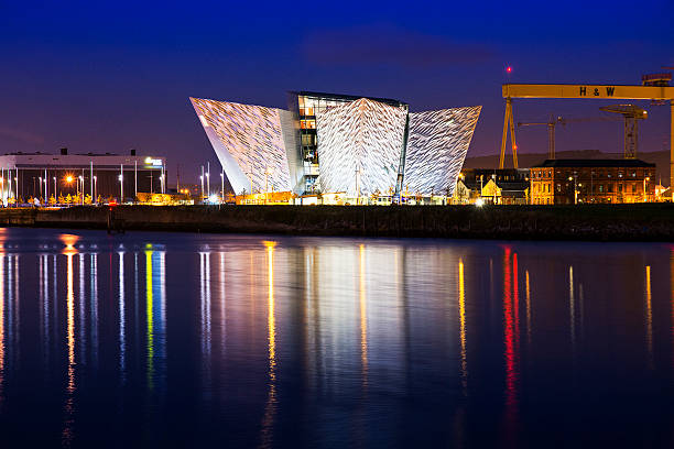 Titanic Visitors Centre - night shot Belfast, Northern Ireland, UK - September 20, 2014: belfast photos stock pictures, royalty-free photos & images