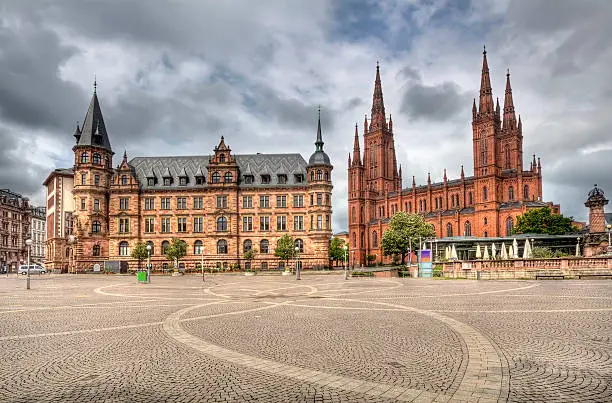 The Demsches Gelande square with the new townhall and the  Marktkirche church in Wiesbaden, Germany