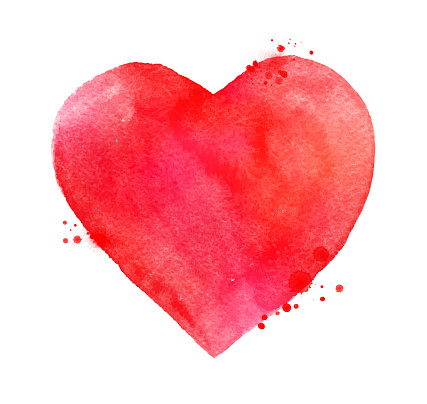 Vector hand painted watercolor sketch of red Valentine heart with paint splashes and smudges.