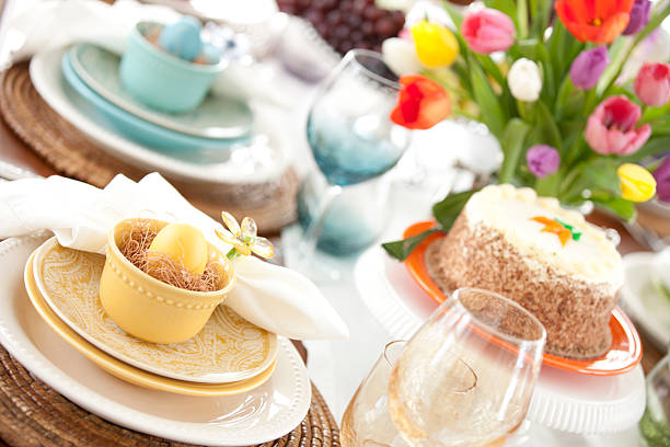 istock Easter Elegant Place Setting Dining Table with Vase of Tulips 505820322