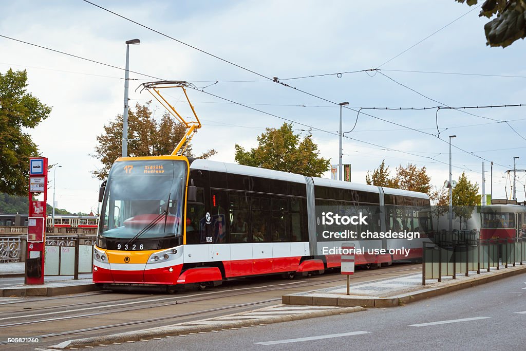 Modern tram Skoda Prague, Czech Republic - August 28, 2015: Modern tram Skoda moves in a dedicated lane in the district of Vysehrad Prague, Czech Republic 2015 Stock Photo