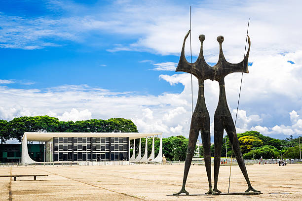 Dois Candangos Monument in Brasilia, Capital of Brazil Brasilia, Brazil - November 18, 2015: View of Dois Candangos monument, built by Brazilian sculptor Bruno Giorgi in 1959 at Three Powers Square in Brasilia, capital of Brazil. supreme court justice photos stock pictures, royalty-free photos & images