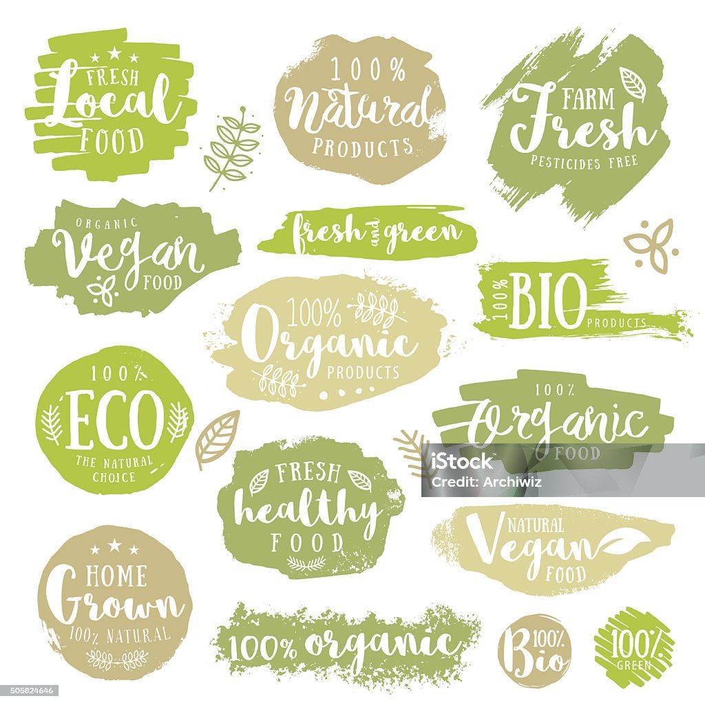 Verde, orgánico, eco, veganas y naturales y frescos de granjas, comida saludable y etiquetas - arte vectorial de Etiqueta libre de derechos