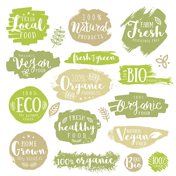 zielony, ekologiczne, organiczne, naturalne, wegańskiej, gospodarstwa świeże, zdrowe etykiety żywności, - abstract paint backgrounds field stock illustrations