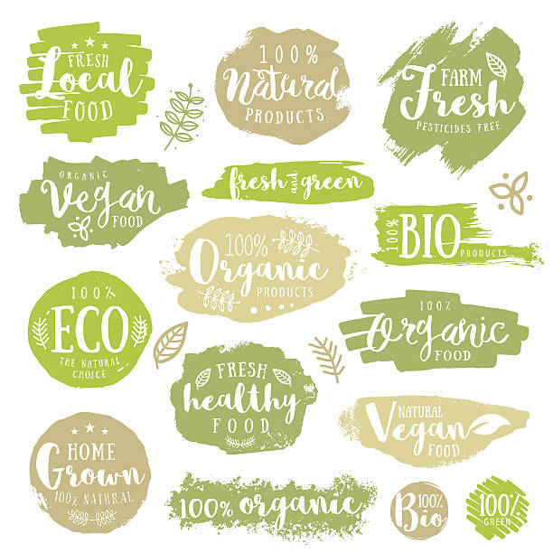 ilustrações, clipart, desenhos animados e ícones de verde, ecológico, veganos, orgânicos, naturais e frescos da fazenda, comida saudável rótulos - 100 organic