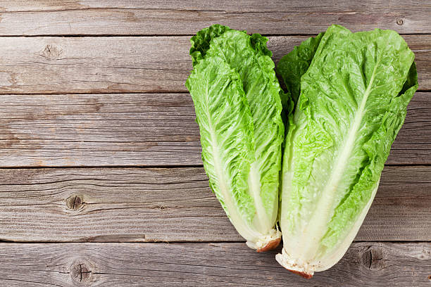 Fresh Romano salad Fresh Romano salad on wooden table. Top view with copy space Romaine stock pictures, royalty-free photos & images